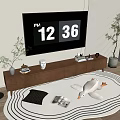 Modern Wooden TV Stand With TV Above Decorative Items And Stuffed Duck On Rug