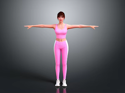 Woman in Pink Sports Bra and Leggings Stretching Arms Against Grey Background in White Sneakers 3d model