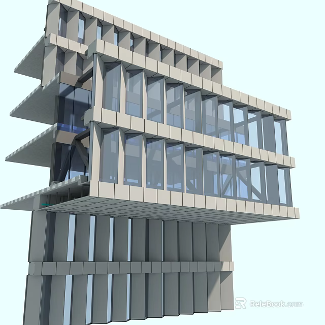 Modern Building Facade Design With Large Glass Windows And Geometric Projecting Sections 3d model 