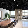 Modern Conference Room Interior With Black Grid Ceiling Wooden Long Table And White Projection Screen