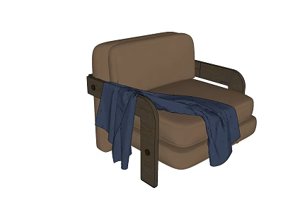 Comfortable Brown Single Seater Sofa With Wooden Arms And Blue Blanket 3d model