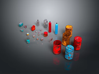 Assorted Colorful Containers Including Glass Tubes Plastic Cans and Stacked Jars 3d model