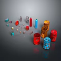 Assorted Colorful Containers Including Glass Tubes Plastic Cans and Stacked Jars