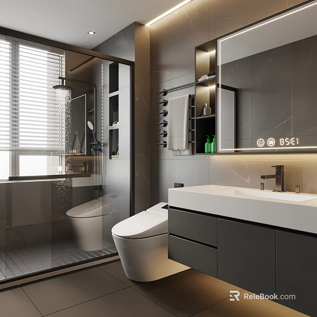Modern Bathroom Interior Design With Glass Shower White Toilet Vanity And Gray Cabinets 3d model 