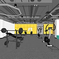 Modern Fitness Gym Interior With Exercise Equipment Mirrors And Yellow Walls