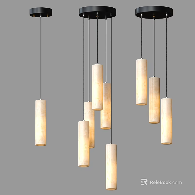 Multiple Slender Cylindrical Pendant Lights Hanging and Illuminated Against Gray Background 3d model