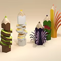 Colorful 3D Paper Art Decorations Shaped Like Colored Pencils With Unique Designs