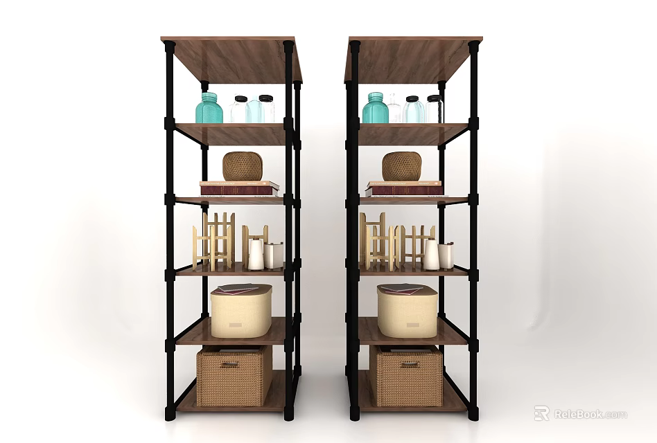 Modern Bookcase With Metal Frame Wooden Shelves Decorative Bottles Baskets And Books 3d model 