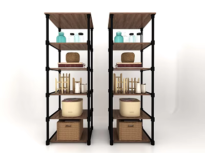 Modern Bookcase With Metal Frame Wooden Shelves Decorative Bottles Baskets And Books 3d model