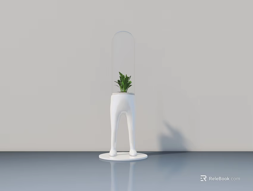 Bonsai Potted Plant On Human Shaped White Stand With Green Foliage And Minimalist Gray Background 3d model 