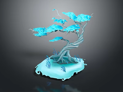 3D Stylized Blue Tree Plant With Gray Trunk Blue Leaves And Decorative Base 3d model