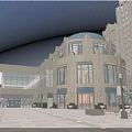 Commercial Street Evening Scene With Domed Building Large Glass Windows People Walking Benches Street Lamps