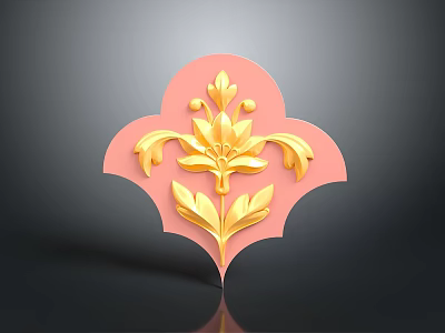 Golden Floral Plant Decoration On Pink Fan Shaped Background With Ornate Leaves 3d model