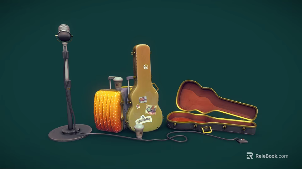Music Instruments and Art Supplies with Microphone Guitar Case Yellow Canvas Roll and Paintbrushes 3d model 