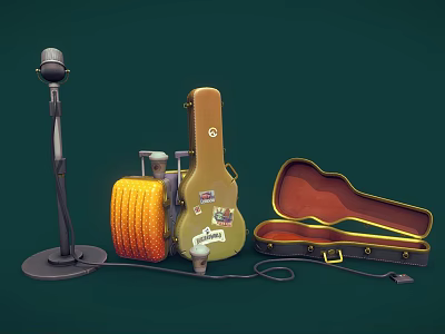 Music Instruments and Art Supplies with Microphone Guitar Case Yellow Canvas Roll and Paintbrushes 3d model