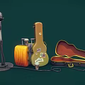 Music Instruments and Art Supplies with Microphone Guitar Case Yellow Canvas Roll and Paintbrushes