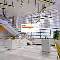 Modern Public Office Space With Open Concept Large Windows Yellow Chairs And Pendant Lights