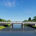 Garden Landscape Design With River Bridge Green Grass And Trees Under Blue Sky