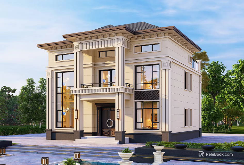 Elegant Two Story Detached Villa Exterior With Large Windows Front Steps And Greenery 3d model 