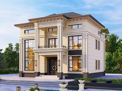 Elegant Two Story Detached Villa Exterior With Large Windows Front Steps And Greenery 3d model