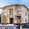 Elegant Two Story Detached Villa Exterior With Large Windows Front Steps And Greenery