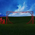 Ornate Red Archway Structure With Human Silhouettes Against Blue Starry Sky and Green Grass Field