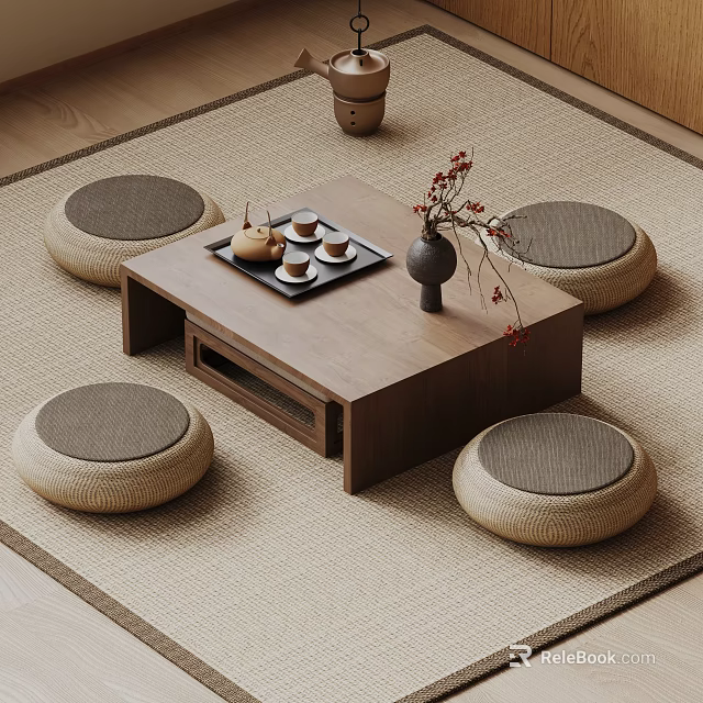 Japanese Wooden Tea Table with Floor Cushions Tea Set and Flower Vase on Beige Rug 3d model 