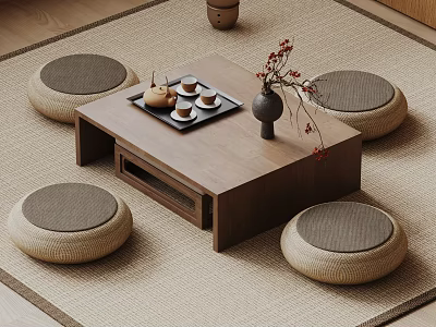 Japanese Wooden Tea Table with Floor Cushions Tea Set and Flower Vase on Beige Rug 3d model