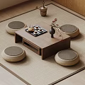 Japanese Wooden Tea Table with Floor Cushions Tea Set and Flower Vase on Beige Rug