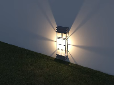 Outdoor Lantern Style Light Illuminating Wall And Grass Area With Glass Panels 3d model
