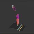 3D Character in Orange Hoodie on Black Platform with Yellow Gray Stripes and Floating Object