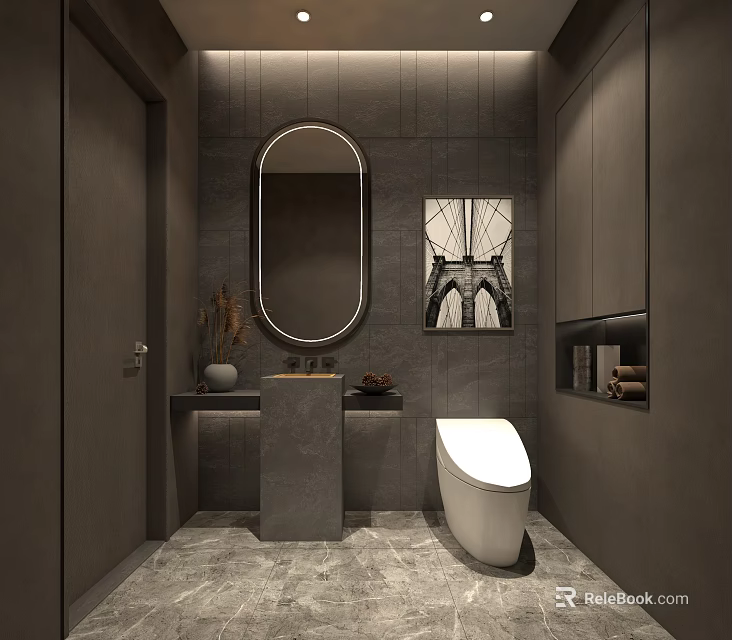 Hotel Bathroom Interior With Gray Tones Oval Mirror Marble Vanity And White Toilet 3d model 