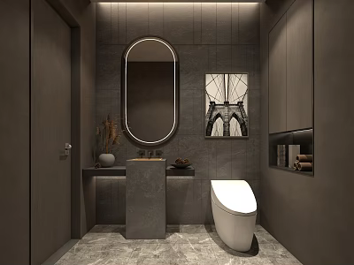 Hotel Bathroom Interior With Gray Tones Oval Mirror Marble Vanity And White Toilet 3d model