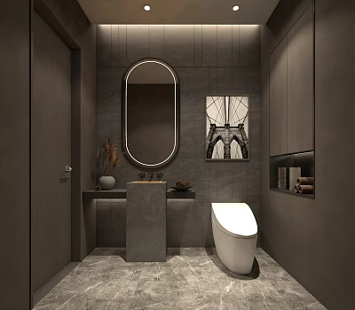 Hotel Bathroom Interior With Gray Tones Oval Mirror Marble Vanity And White Toilet 3d model
