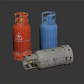 Red Blue And Silver Gas Cylinders As Storage Containers On Black Surface