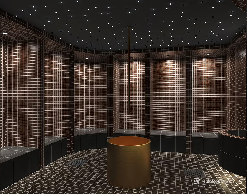 Modern Shower Sauna Interior With Brown Tiles Golden Bucket And Starry Ceiling Design 3d model 
