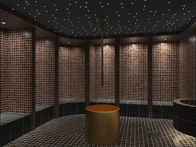 Modern Shower Sauna Interior With Brown Tiles Golden Bucket And Starry Ceiling Design 3d model