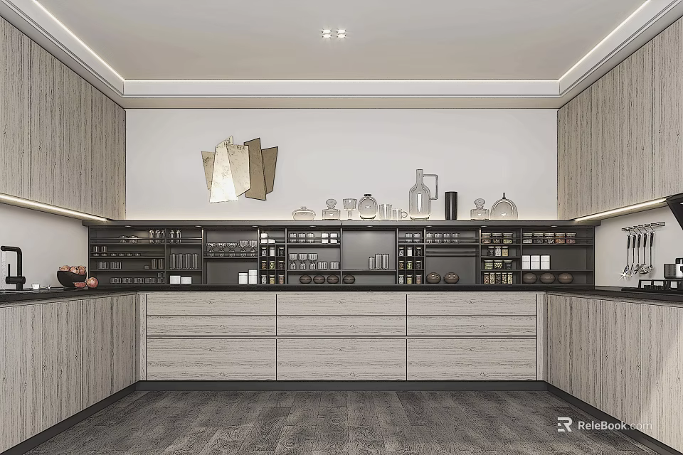 Elegant Modern Kitchen Interior With Wooden Cabinets Countertop And Wall Decor 3d model 