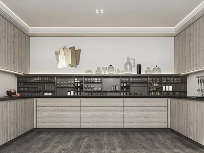 Elegant Modern Kitchen Interior With Wooden Cabinets Countertop And Wall Decor 3d model