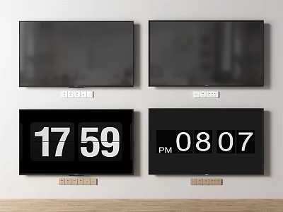 Four Modern Wall Mounted TVs Showing Two Digital Time Displays And Clear Screens 3d model