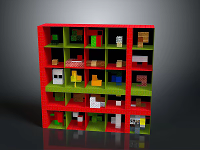 Red And Green Multi Layered Lattice Structure With Colorful Small Blocks And Shapes 3d model