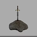 Medieval Iron Sword with Ornate Golden Hilt Embedded in Large Rocky Stone