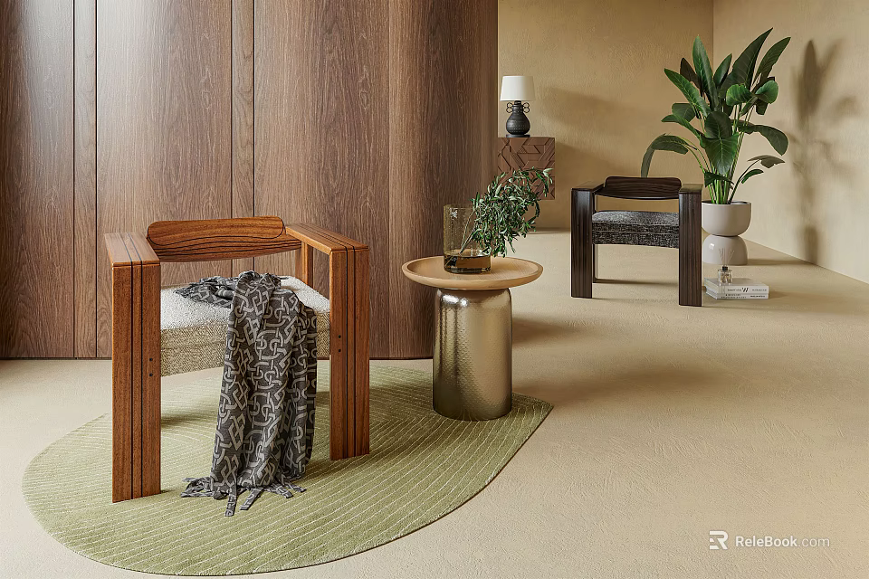 Modern Leisure Chairs With Wooden Frame Woven Seat And Round Side Table 3d model 