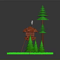 3D Red Treehouse Design With Pine Trees Ladder And Green Grass