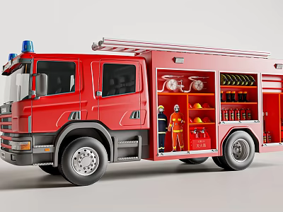Red Fire Truck With Blue Emergency Lights Open Door Showing Firefighting Gear And Equipment 3d model