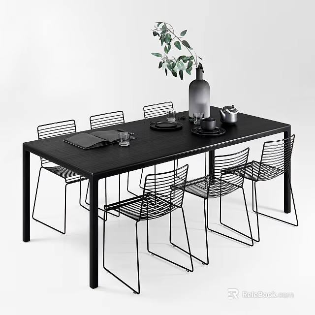 Modern Black Dining Table Set With Wireframe Chairs Green Plant Vase And Tableware 3d model