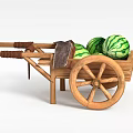 Rustic Wooden Cart Loaded with Fresh Green Watermelons and Wooden Wheels Structure
