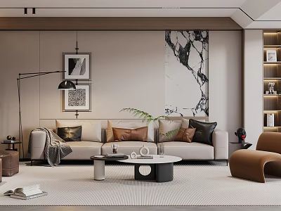 Modern Living Room Interior With Beige Sofa Accent Chair Coffee Table And Marble Wall Art 3d model