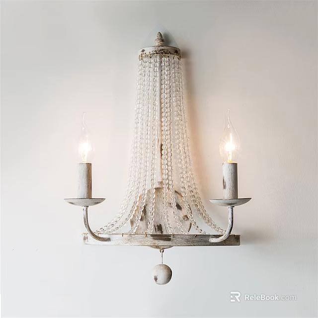 Rustic White Wall Sconce With Beaded Tassel Design And Two Candle Lights 3d model 