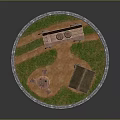 Circular Stone Wall Enclosed Courtyard With Thatched Well Wooden Barrel Cart And Chairs